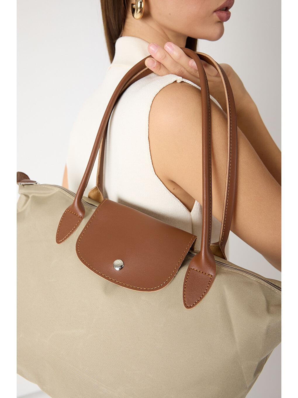 Bej Kadın Vizon Orta Boy Askılı El ve Omuz Çantası-3