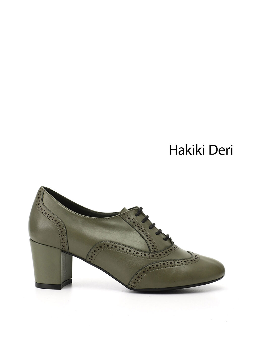 Kadın KOYU HAKİ Bağcıklı Kalın Topuklu Hakiki Deri Oxford Ayakkabı