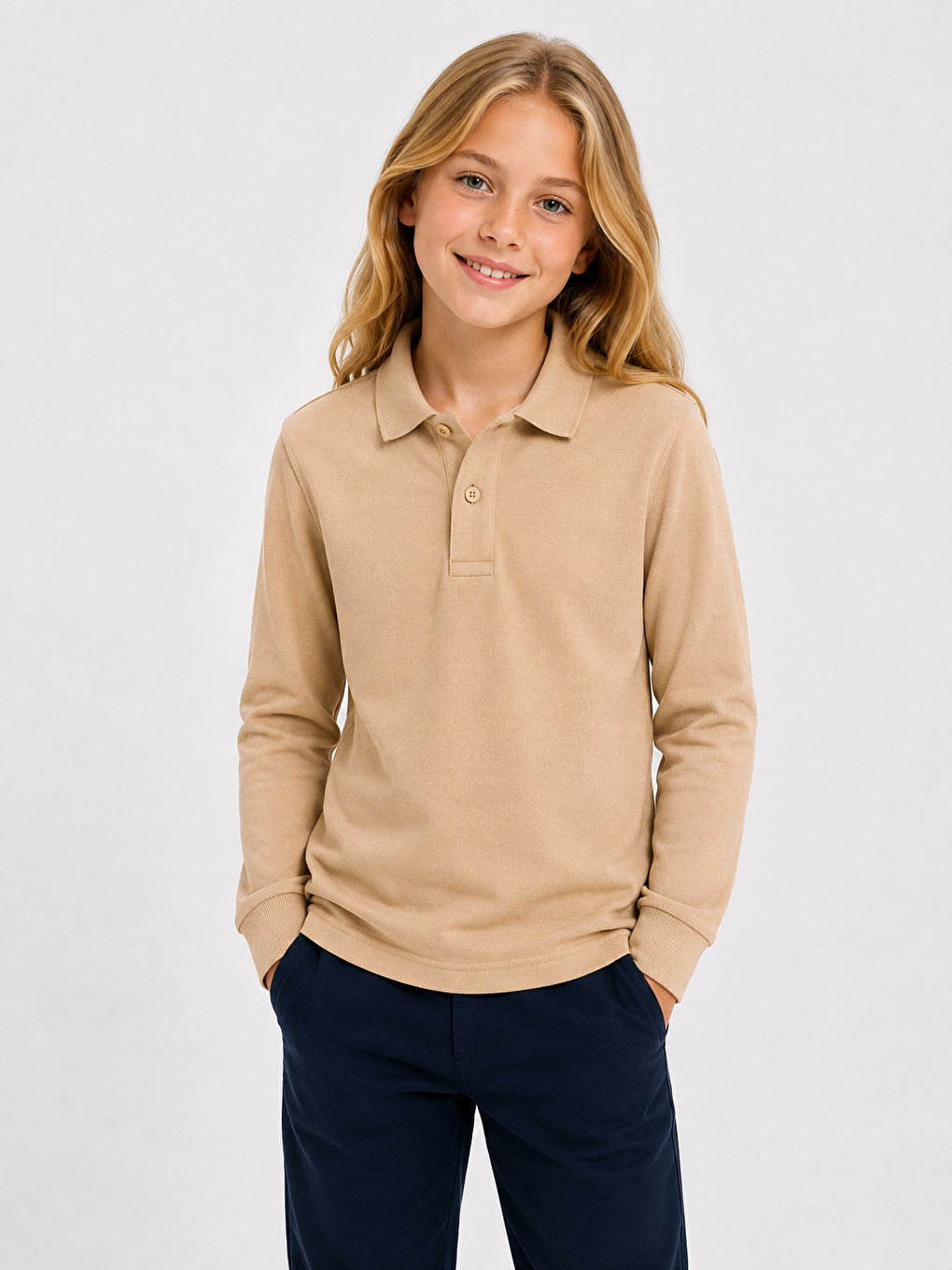 Bej Kids Polo Yaka Basic Uzun Kollu Unisex Kız Çocuk Tişört