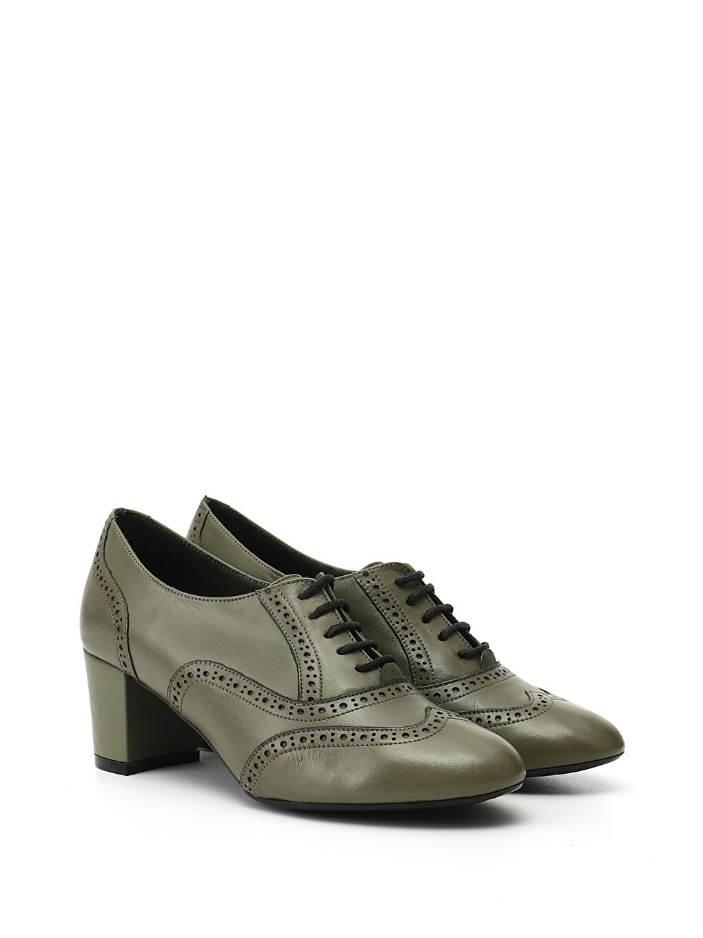 Kadın KOYU HAKİ Bağcıklı Kalın Topuklu Hakiki Deri Oxford Ayakkabı-1