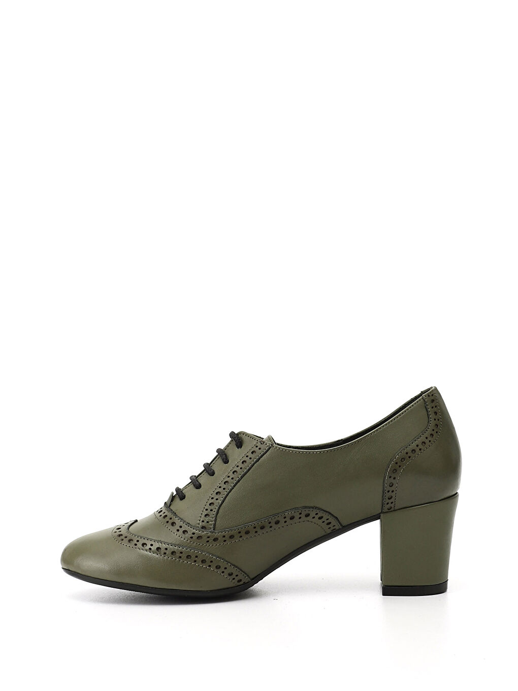 Kadın KOYU HAKİ Bağcıklı Kalın Topuklu Hakiki Deri Oxford Ayakkabı-2