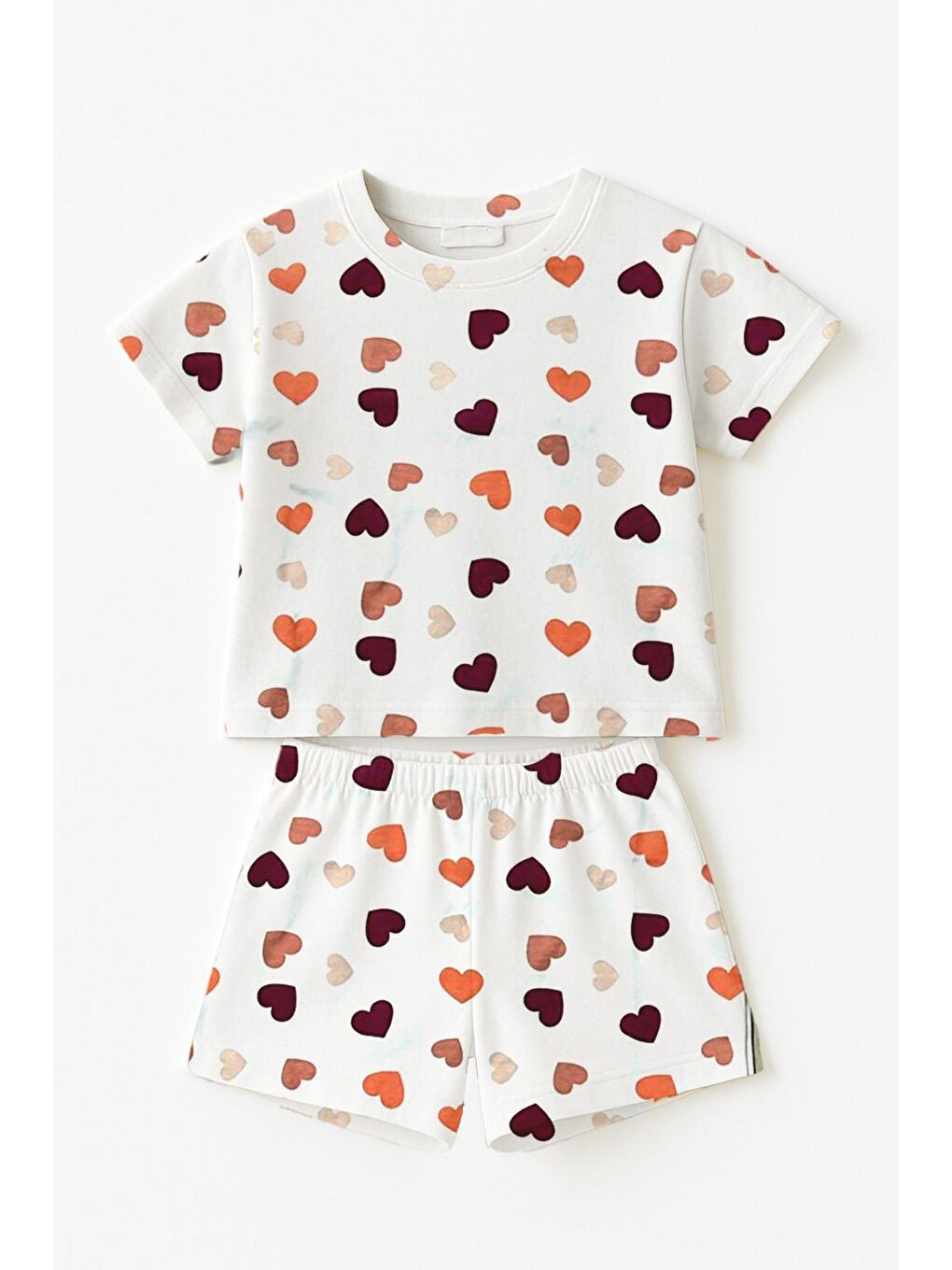 Beyaz Kız Çocuk Renkli Kalpler %100 Pamuklu Pijama Takımı (3-4 Yaş 8-9 Yaş)-1