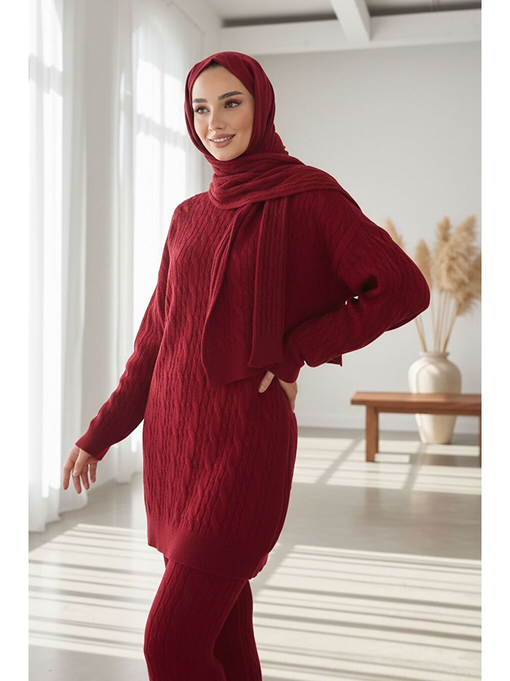 Bordo Saç Örgülü Atkılı Tunik Pantolon Tesettür Triko Üçlü Takım-3