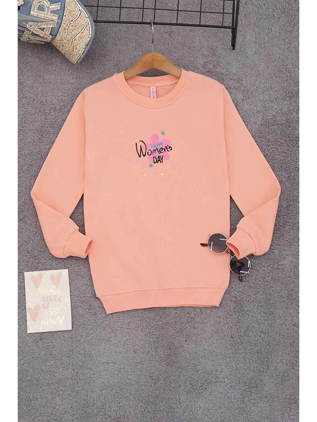 Pembe Somon Çiçek Nakışlı Kız Çocuk Kız Çocuk Sweatshirt 17195