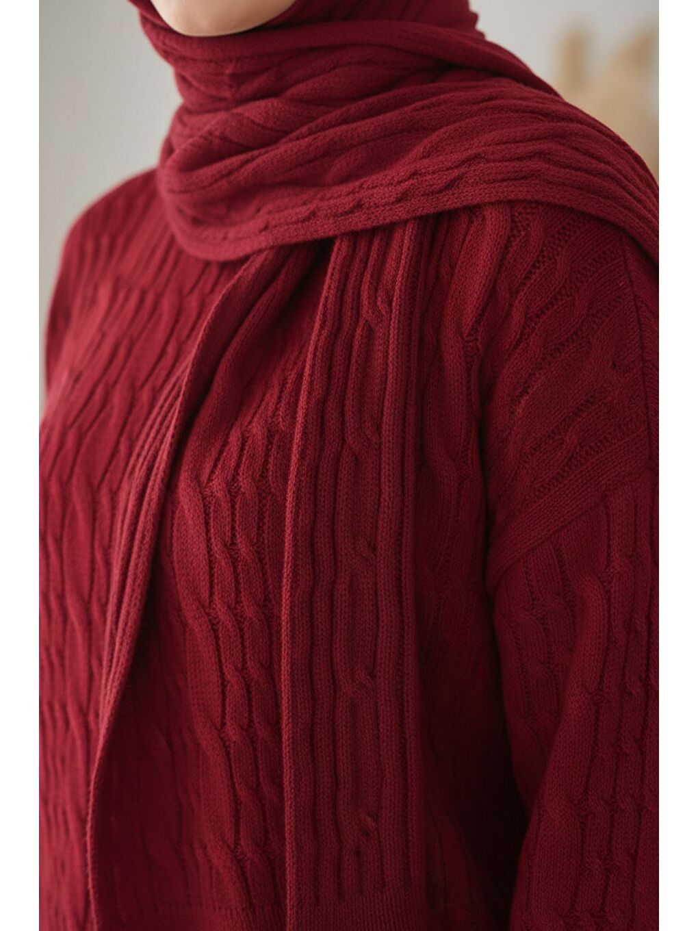 Bordo Saç Örgülü Atkılı Tunik Pantolon Tesettür Triko Üçlü Takım-4