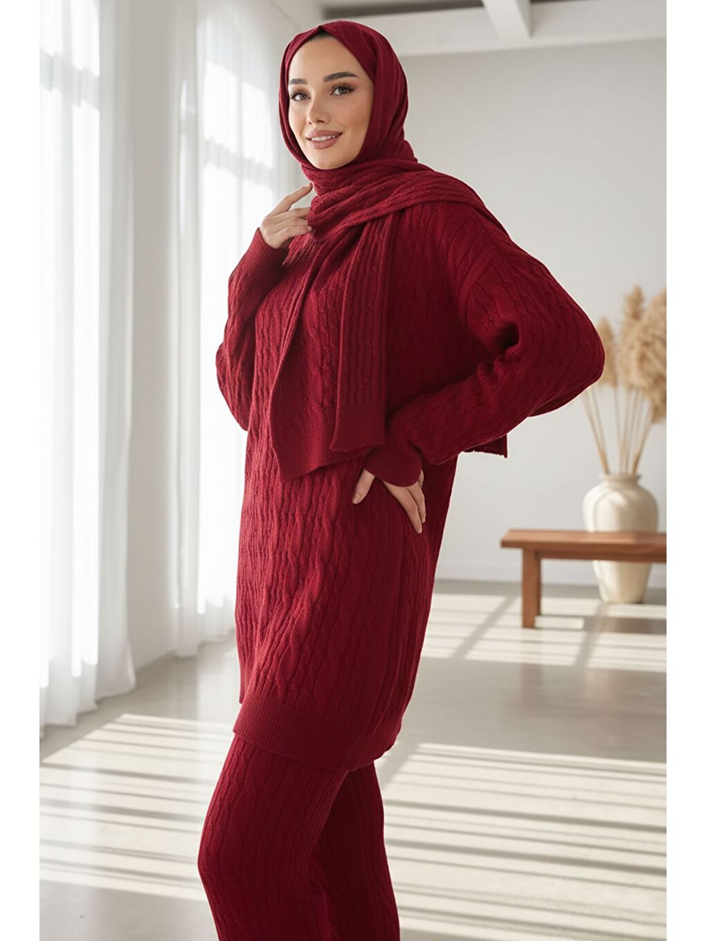 Bordo Saç Örgülü Atkılı Tunik Pantolon Tesettür Triko Üçlü Takım-6