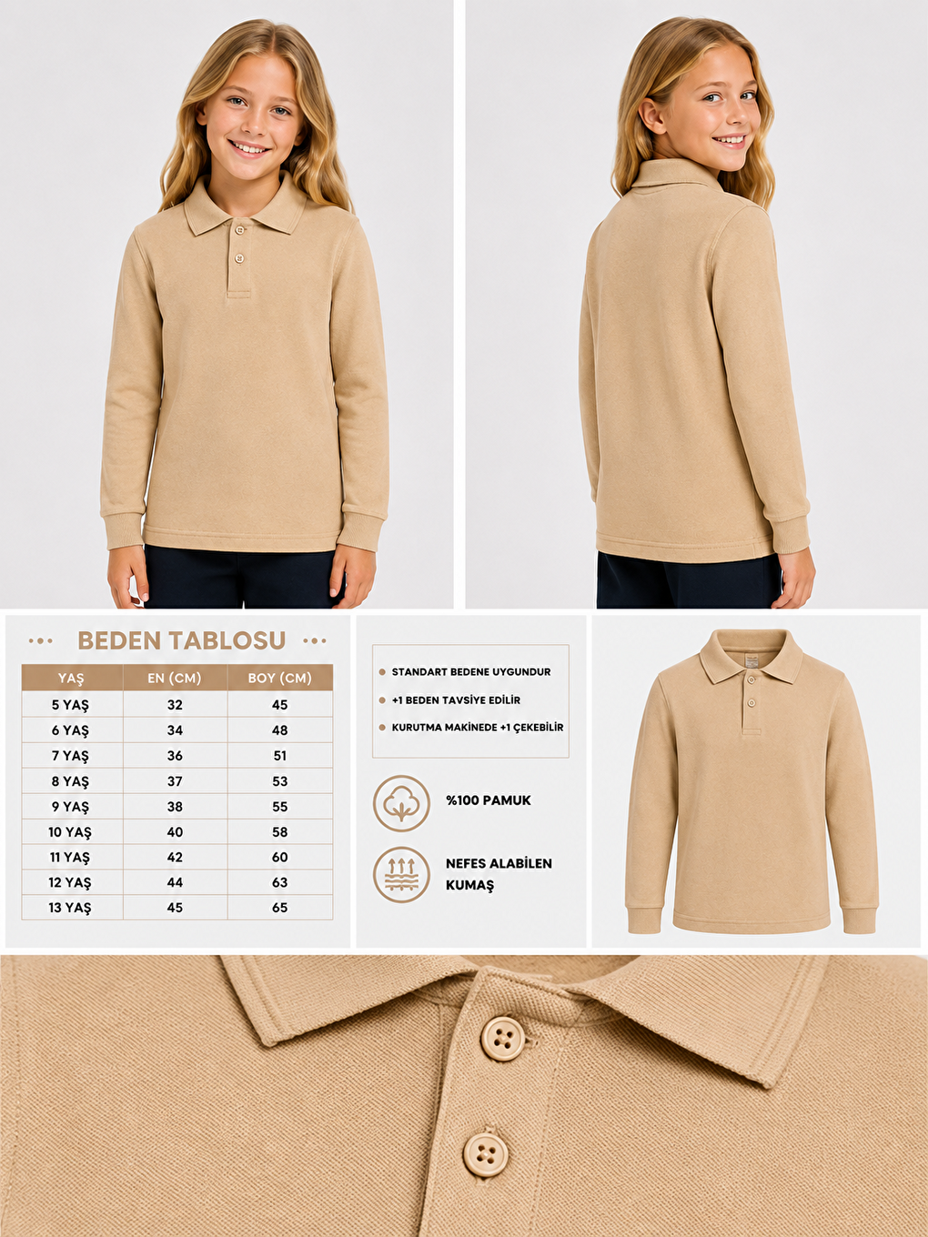 Bej Kids Polo Yaka Basic Uzun Kollu Unisex Kız Çocuk Tişört-1