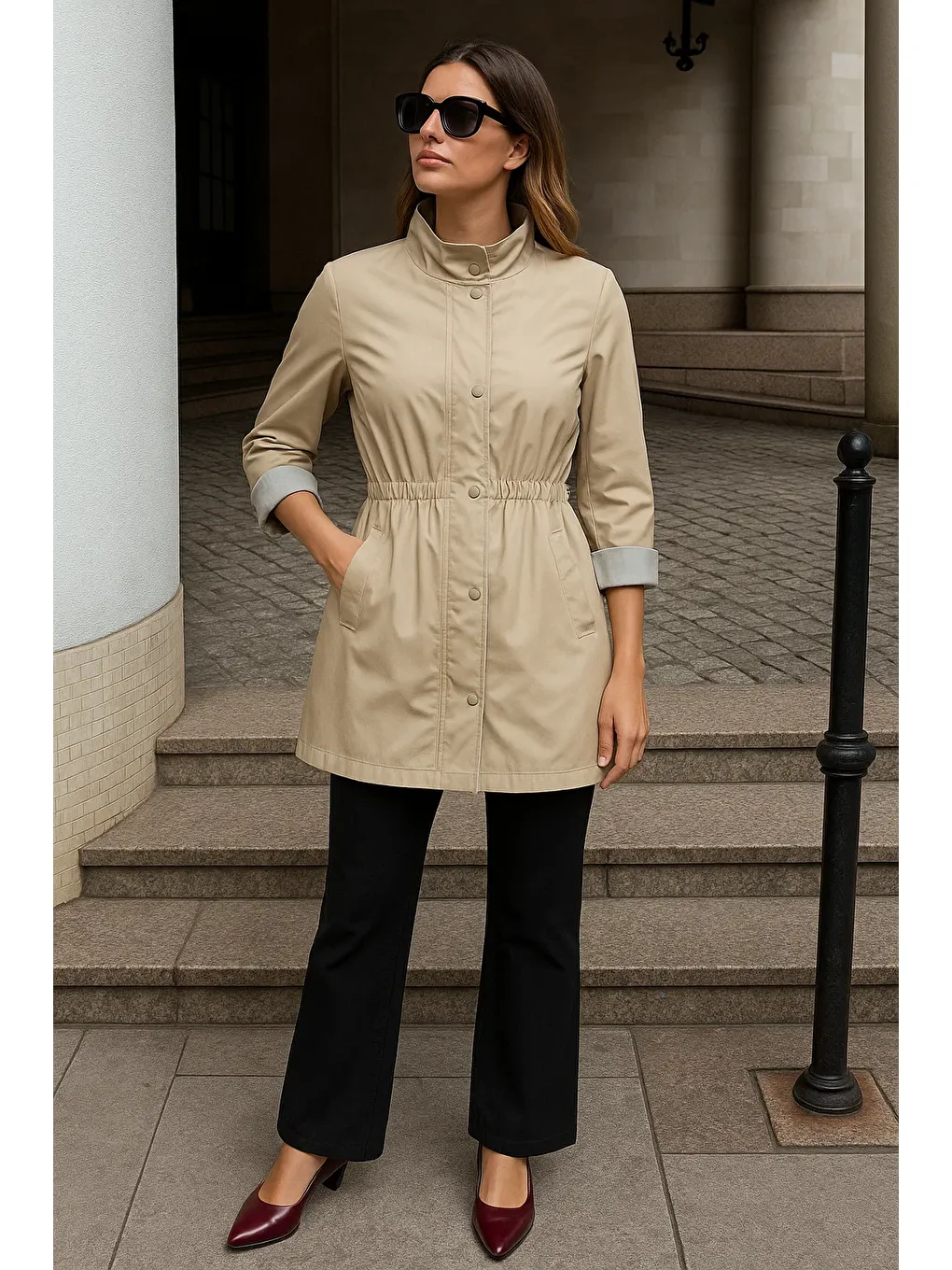 Kadın Fermuarlı Büzgülü Çizgili Bej Kısa Trençkot-1