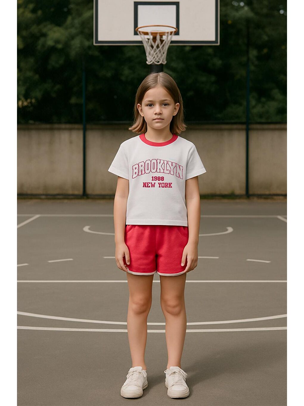 Kız Çocuk %100 Pamuklu Brooklyn Baskılı Şortlu Takım - Pembe (3-4 Yaş 8-9 Yaş)