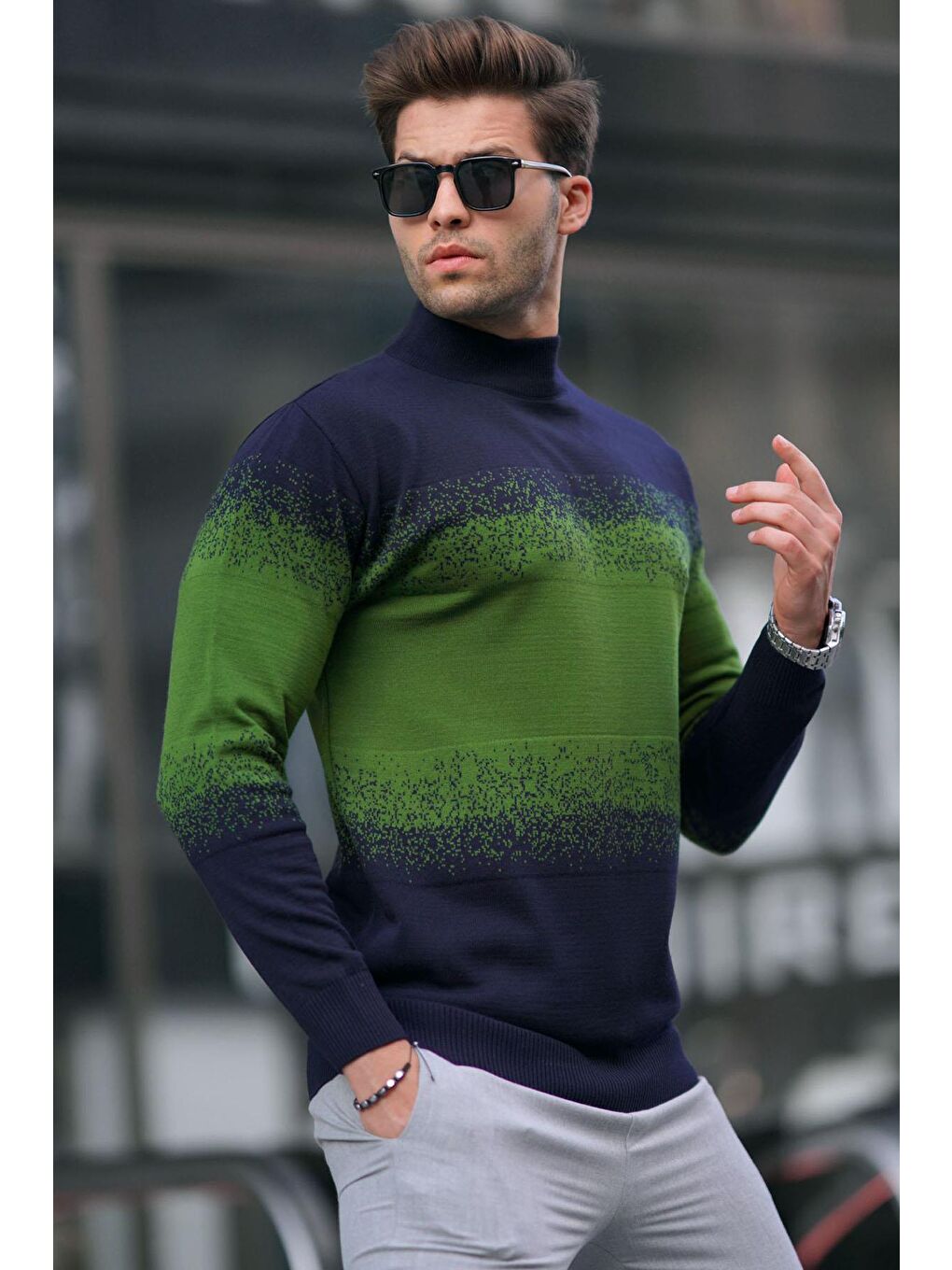 Koyu Lacivert Balıkçı Yaka Desenli Kazak 6845