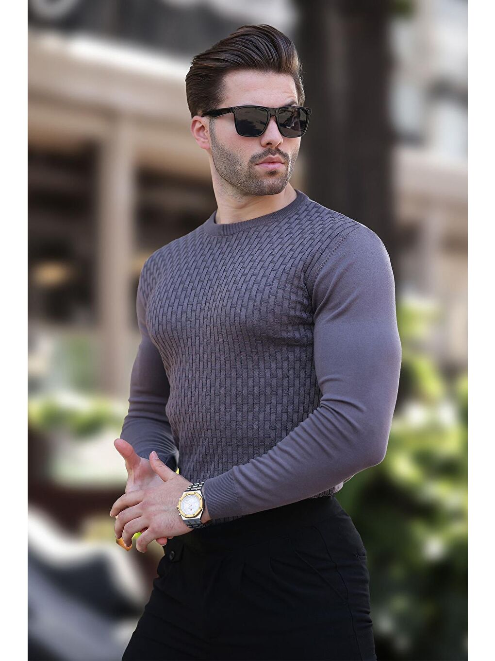 Koyu Gri Desenli Erkek Triko Kazak 7266