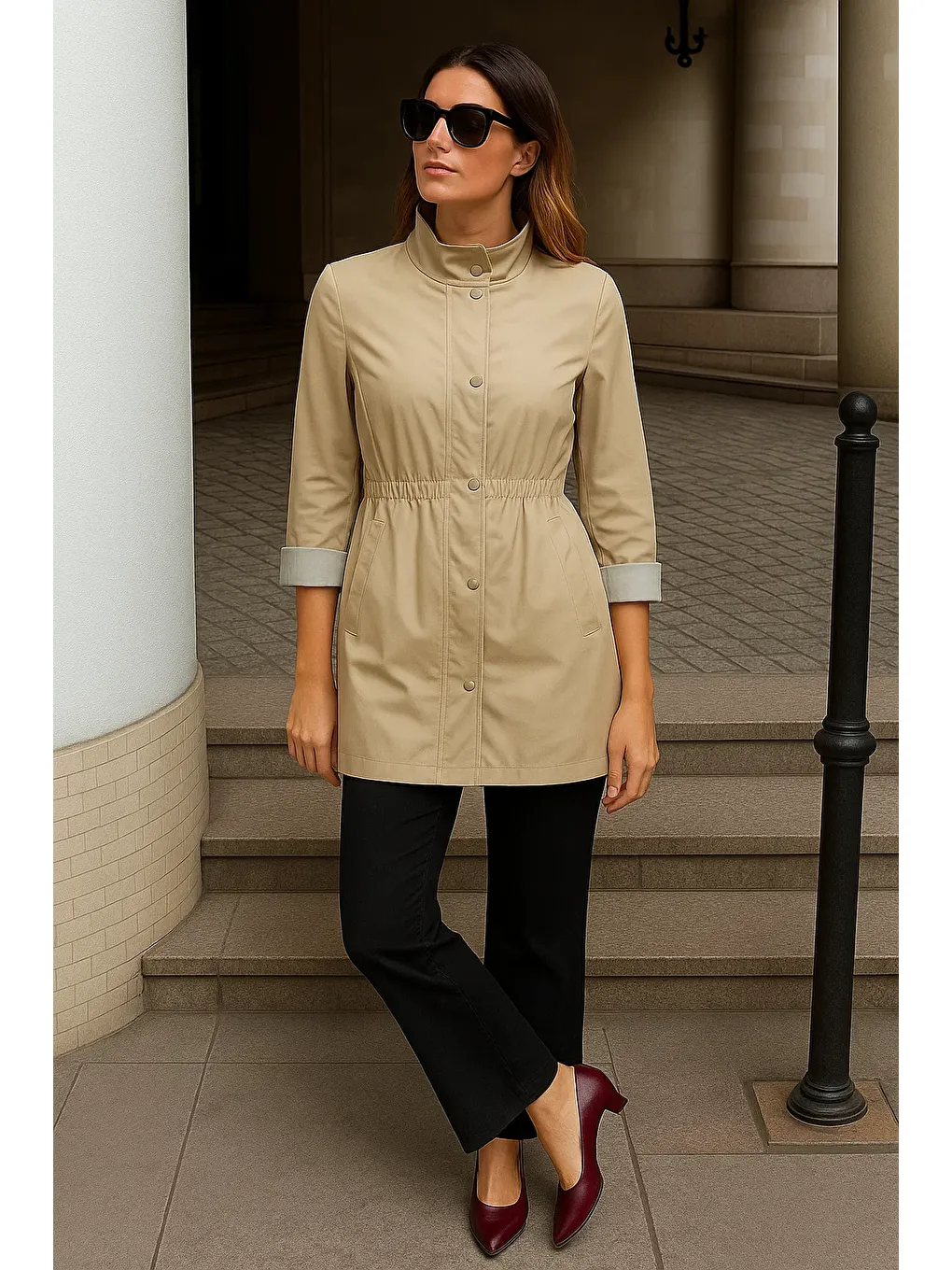 Kadın Fermuarlı Büzgülü Çizgili Bej Kısa Trençkot-3