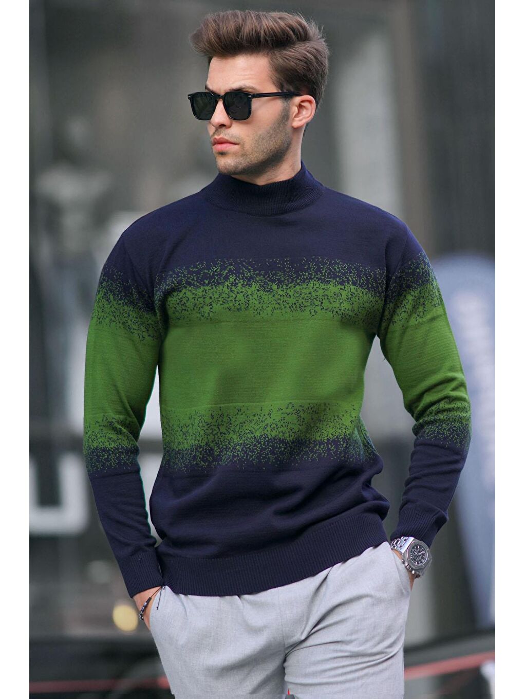 Koyu Lacivert Balıkçı Yaka Desenli Kazak 6845-1