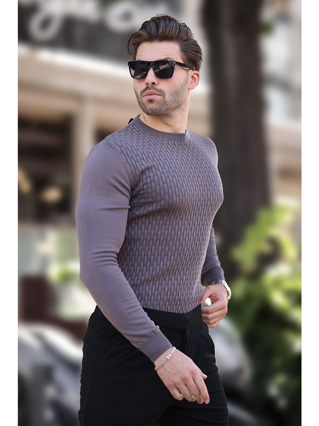 Koyu Gri Desenli Erkek Triko Kazak 7266-1