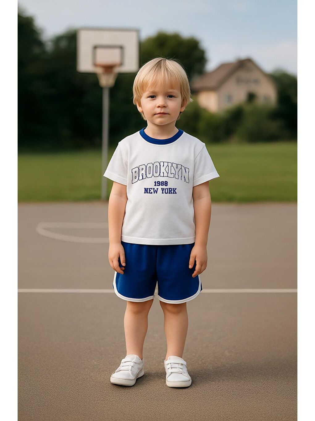 Erkek Çocuk %100 Pamuklu Brooklyn Baskılı Şortlu Takım - Lacivert (3-4 Yaş 8-9 Yaş)