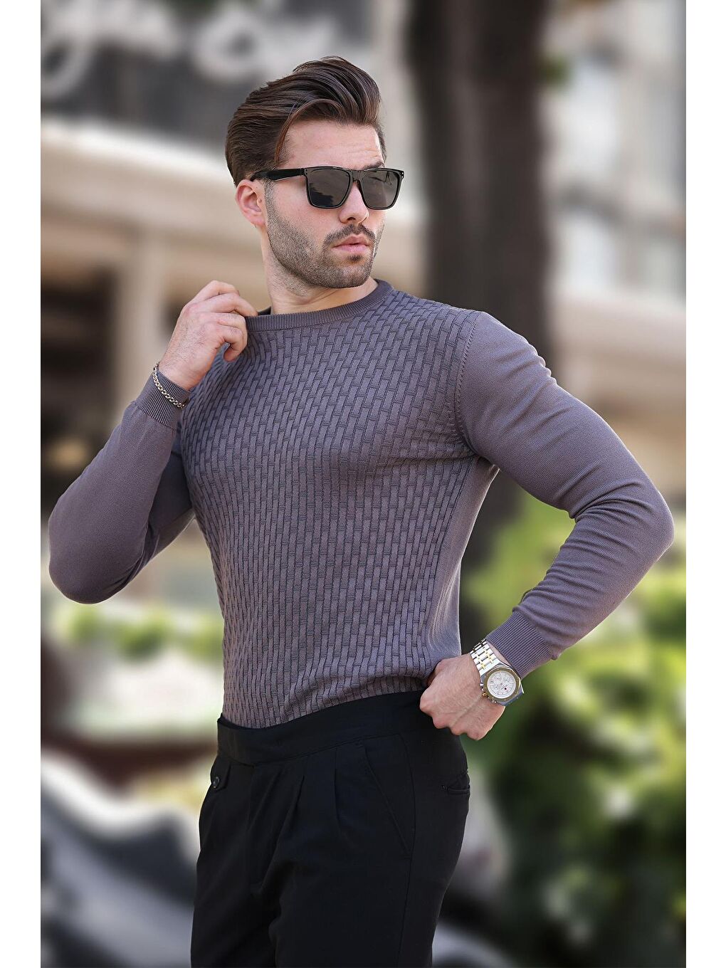 Koyu Gri Desenli Erkek Triko Kazak 7266-2