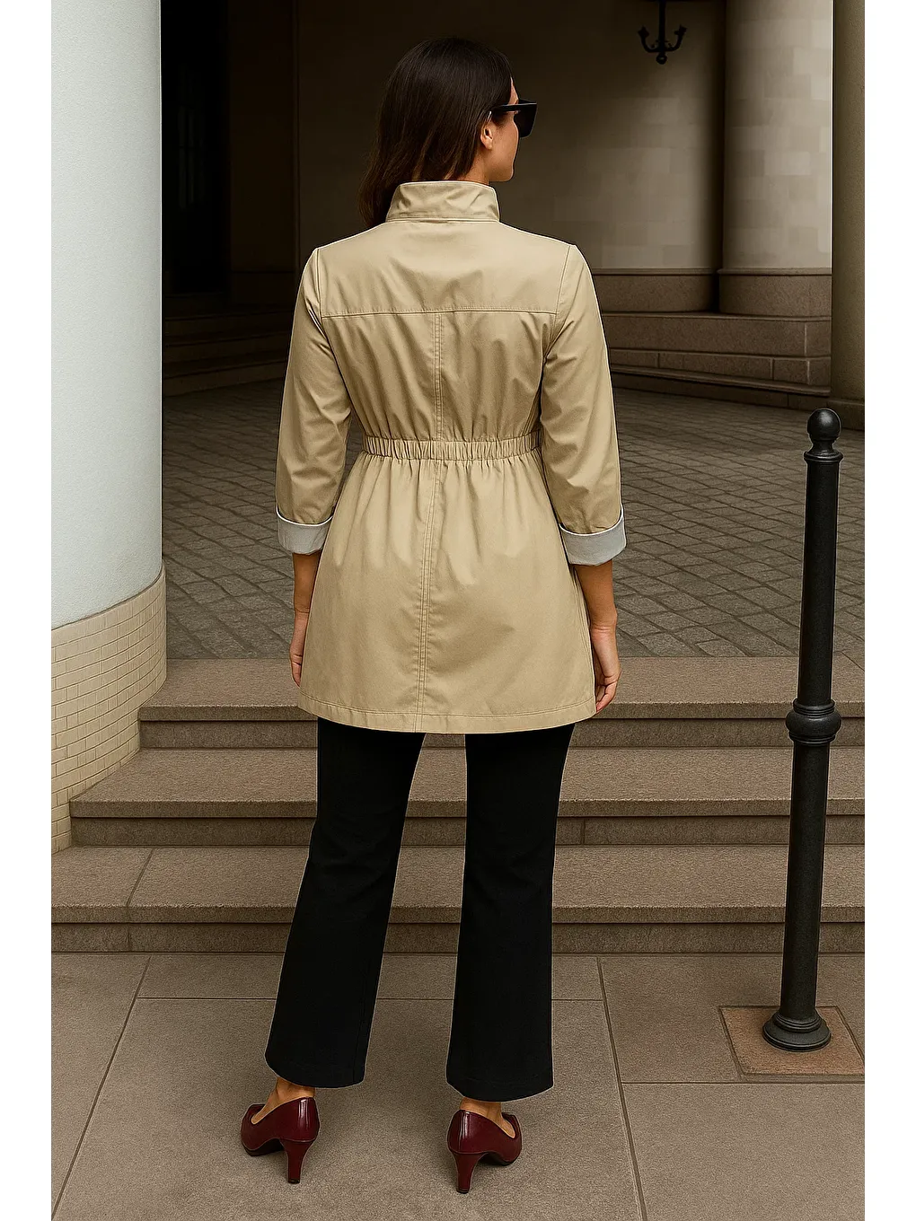 Kadın Fermuarlı Büzgülü Çizgili Bej Kısa Trençkot-5