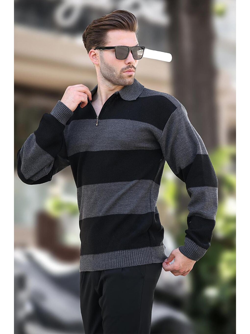 Antrasit Fermuar Yaka Renk Bloklu Uzun Kollu Kazak 7280-1