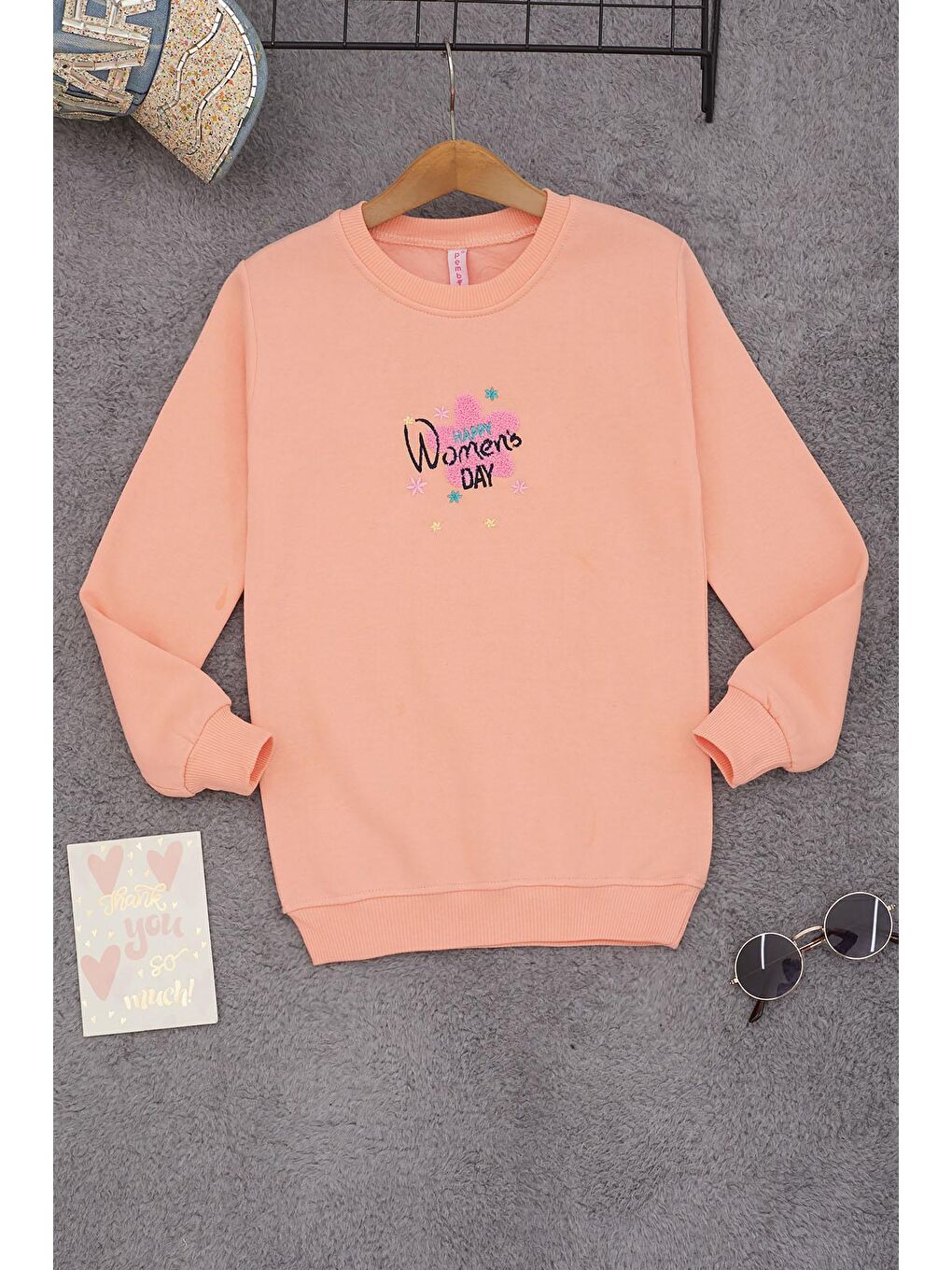 Pembe Somon Çiçek Nakışlı Kız Çocuk Kız Çocuk Sweatshirt 17195-2