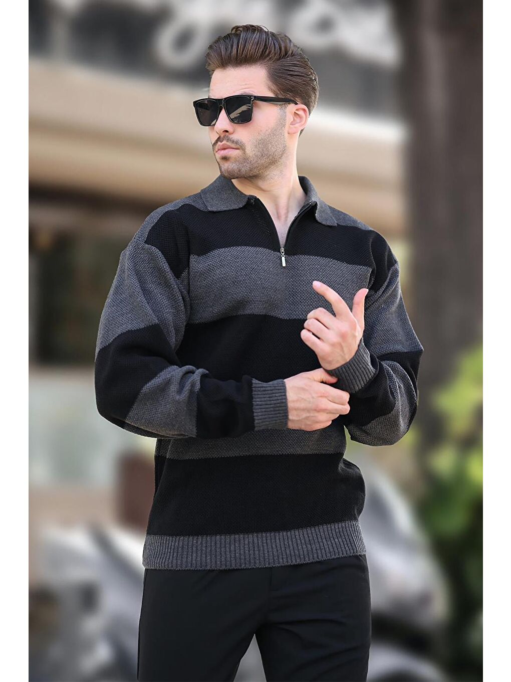 Antrasit Fermuar Yaka Renk Bloklu Uzun Kollu Kazak 7280-2