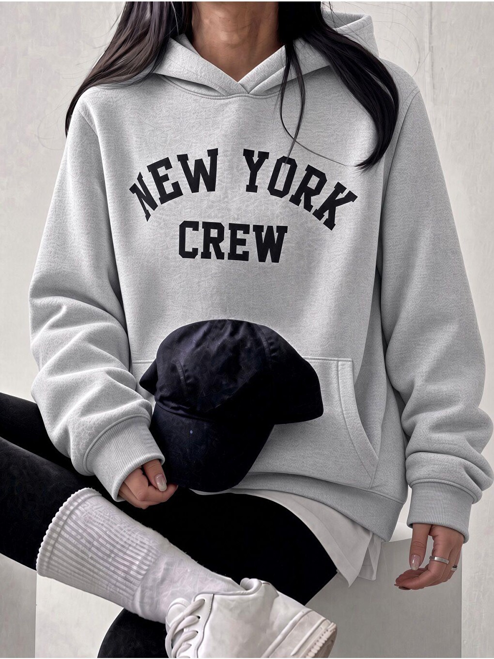 Gri Sw Unisex Oversize "new York Crew" Baskılı Kapüşonlu Kanguru Cep Sweatshirt