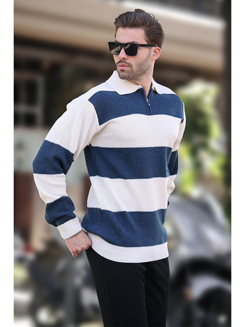 Bej Fermuar Yaka Renk Bloklu Uzun Kollu Kazak 7280