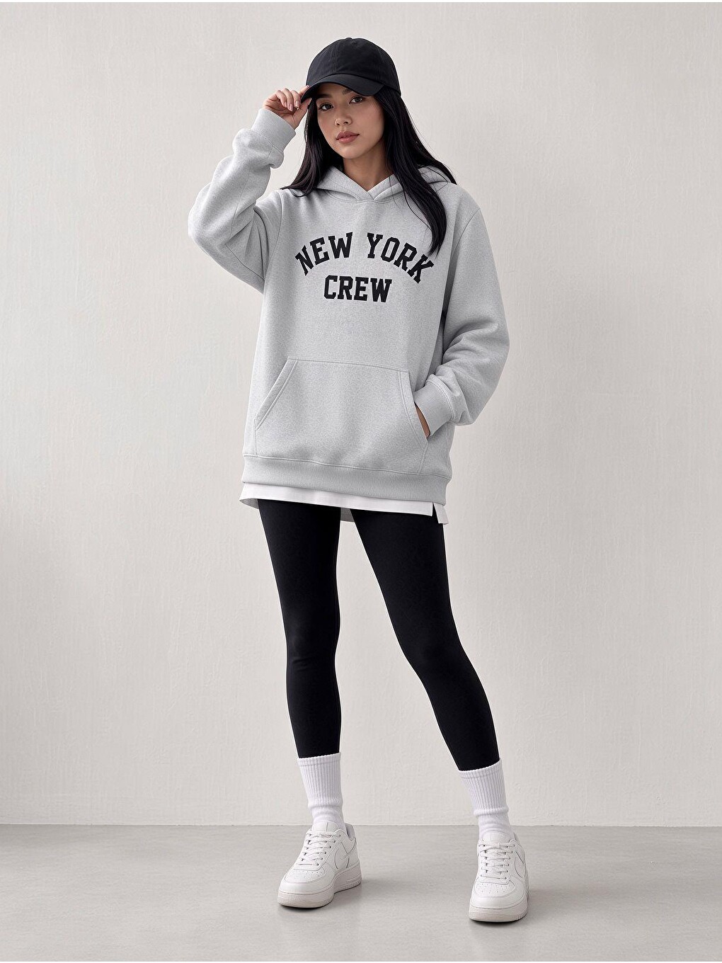 Gri Sw Unisex Oversize "new York Crew" Baskılı Kapüşonlu Kanguru Cep Sweatshirt-1