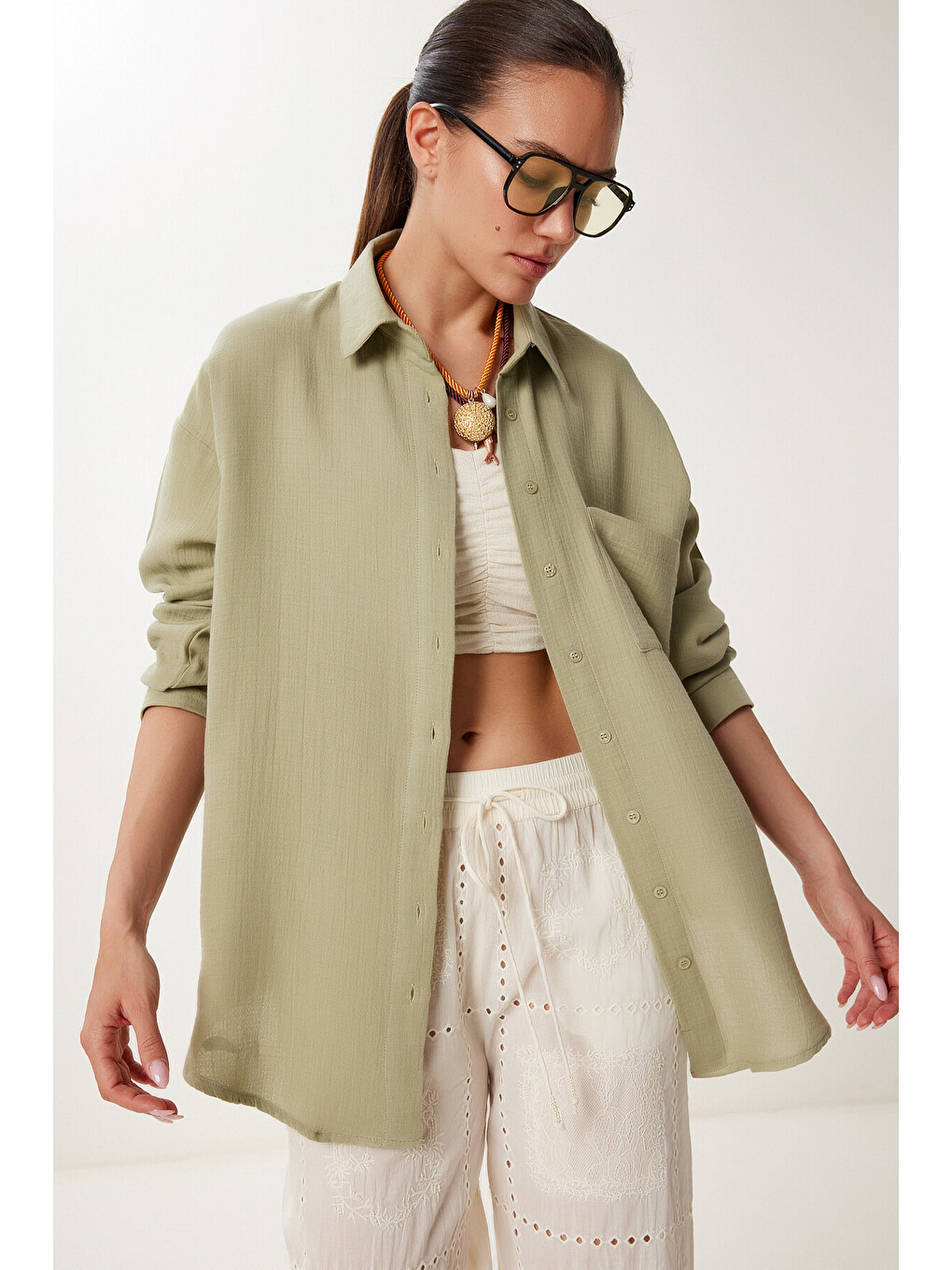 Haki Oversize Basic Müslin Gömlek AÇIK HAKİ LMX0002-1