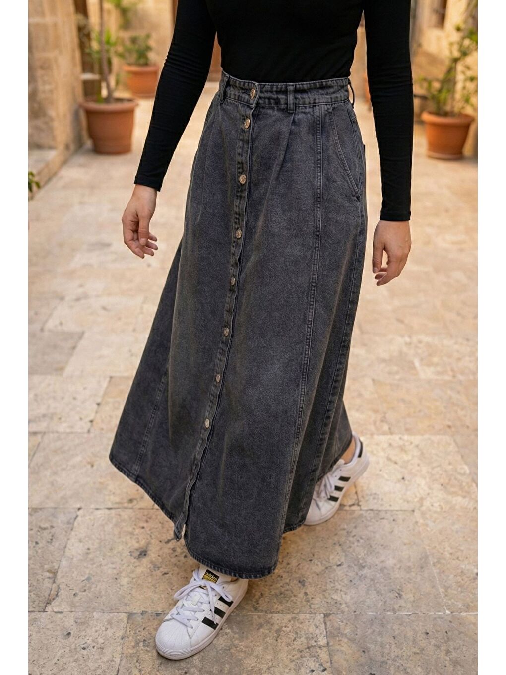 Lacivert Tesettür Boydan Düğmeli Pileli Jean Jean Etek