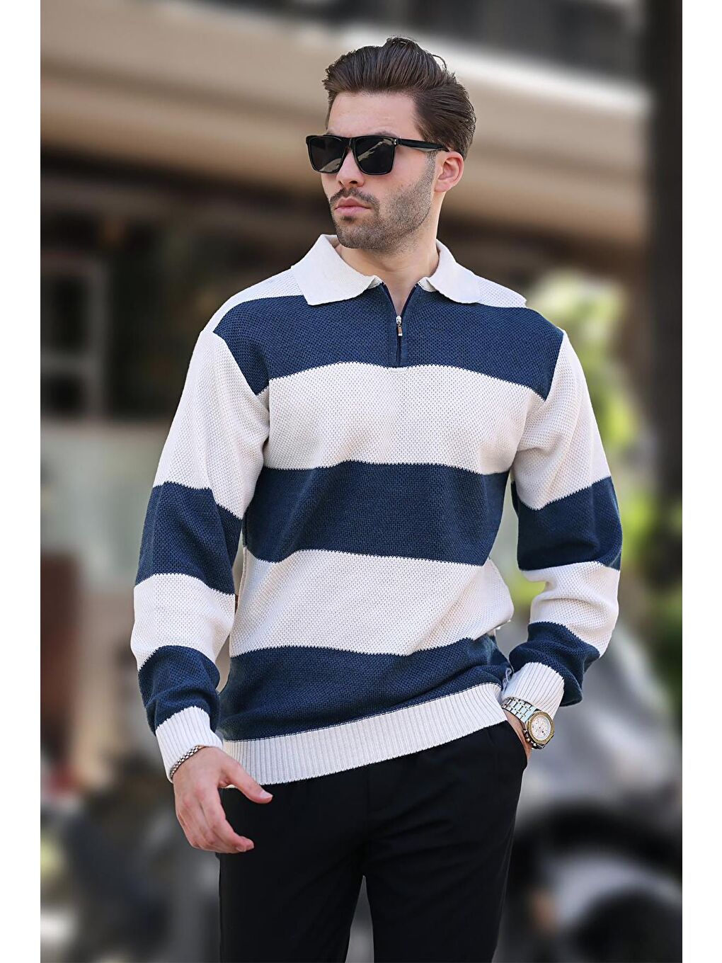 Bej Fermuar Yaka Renk Bloklu Uzun Kollu Kazak 7280-1