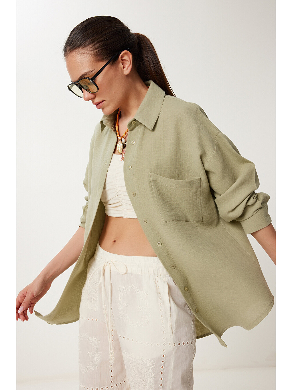 Haki Oversize Basic Müslin Gömlek AÇIK HAKİ LMX0002-2