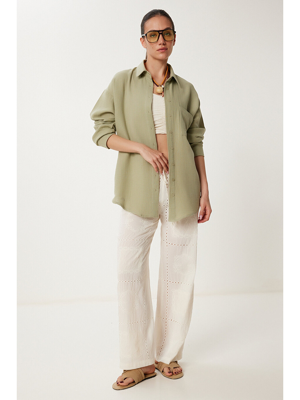 Haki Oversize Basic Müslin Gömlek AÇIK HAKİ LMX0002-3