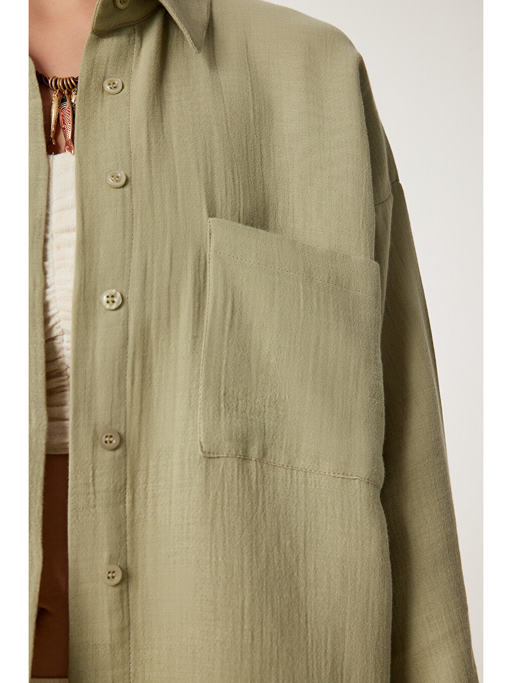 Haki Oversize Basic Müslin Gömlek AÇIK HAKİ LMX0002-4