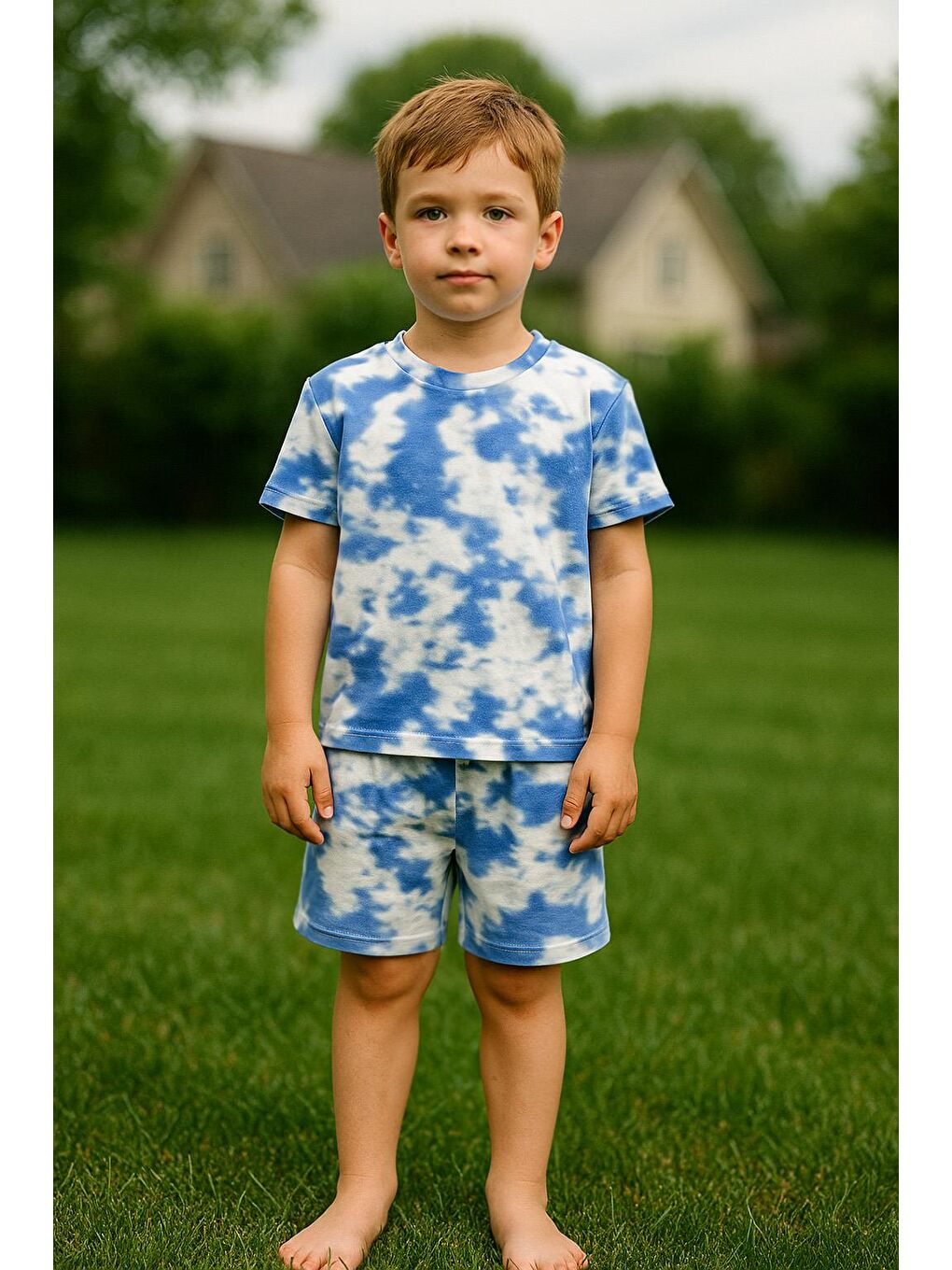 Mavi Erkek Çocuk Batik Desenli %100 Pamuk Şortlu Takım (3-4 Yaş 8-9 Yaş)