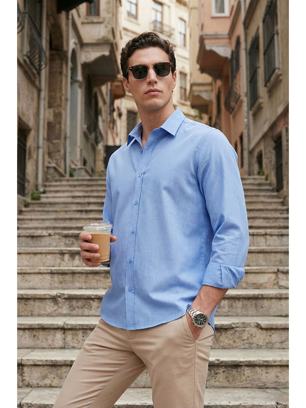 Mavi Pamuk ve Keten Karışımlı Regular Fit Klasik Yaka Uzun Kollu Gömlek CF26S1210134-0