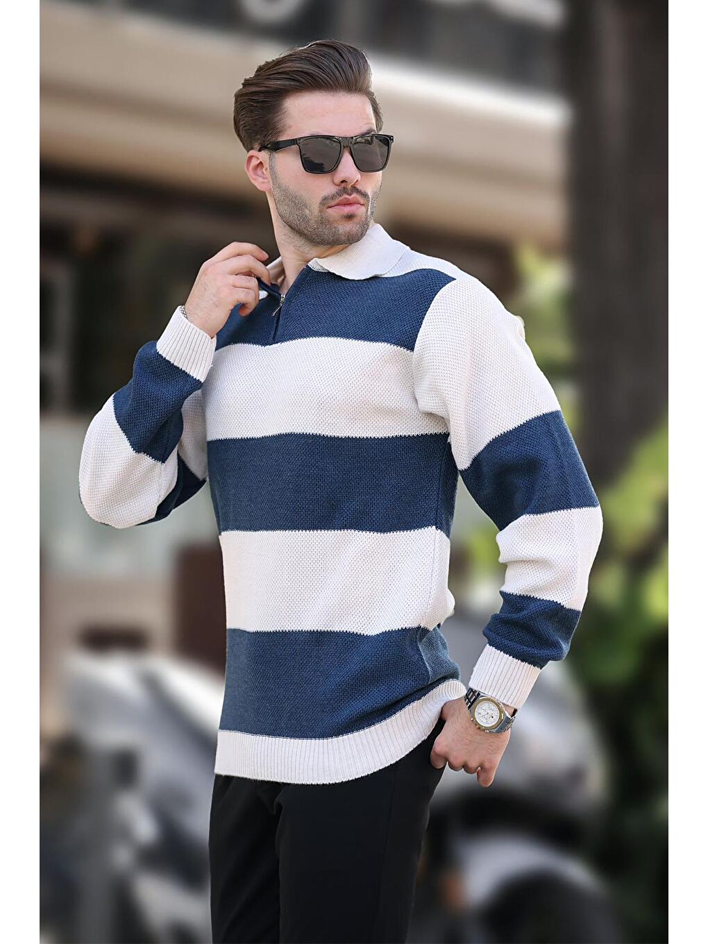 Bej Fermuar Yaka Renk Bloklu Uzun Kollu Kazak 7280-2