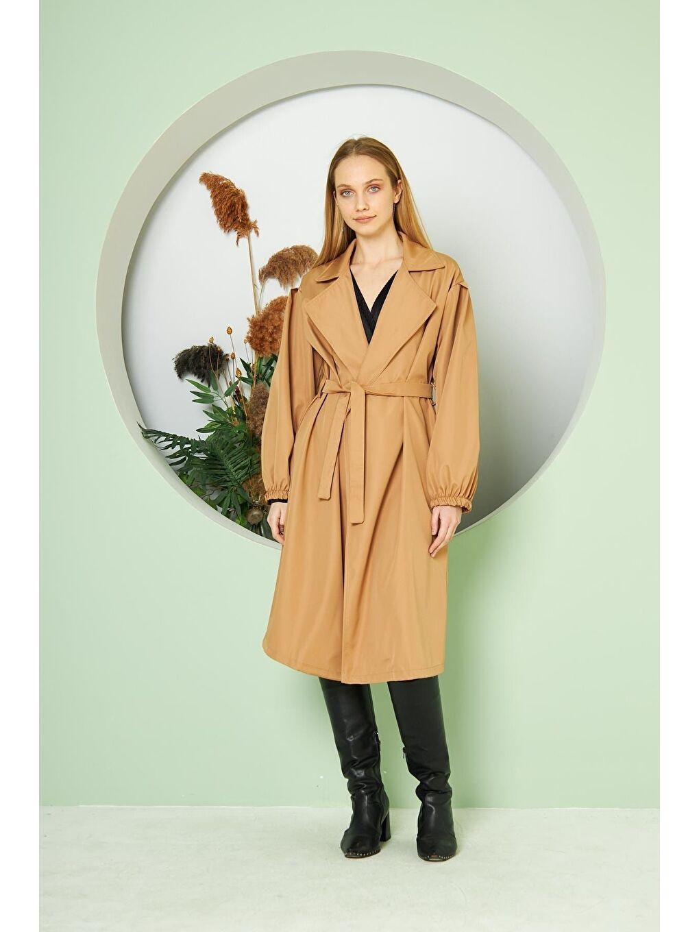 Kahverengi Kadın Belden Bağlamalı Balon Kol Trenç-3