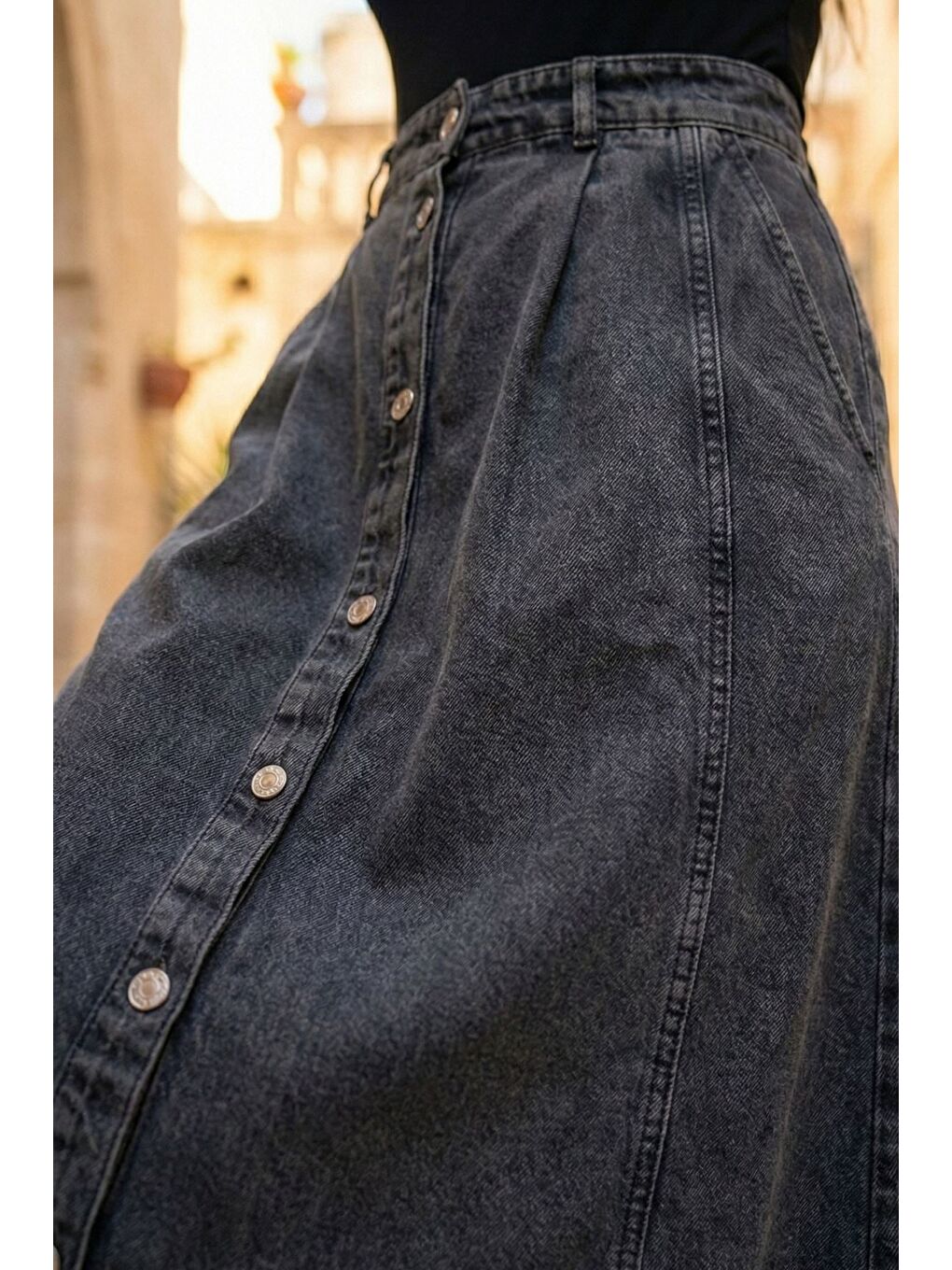 Lacivert Tesettür Boydan Düğmeli Pileli Jean Jean Etek-4