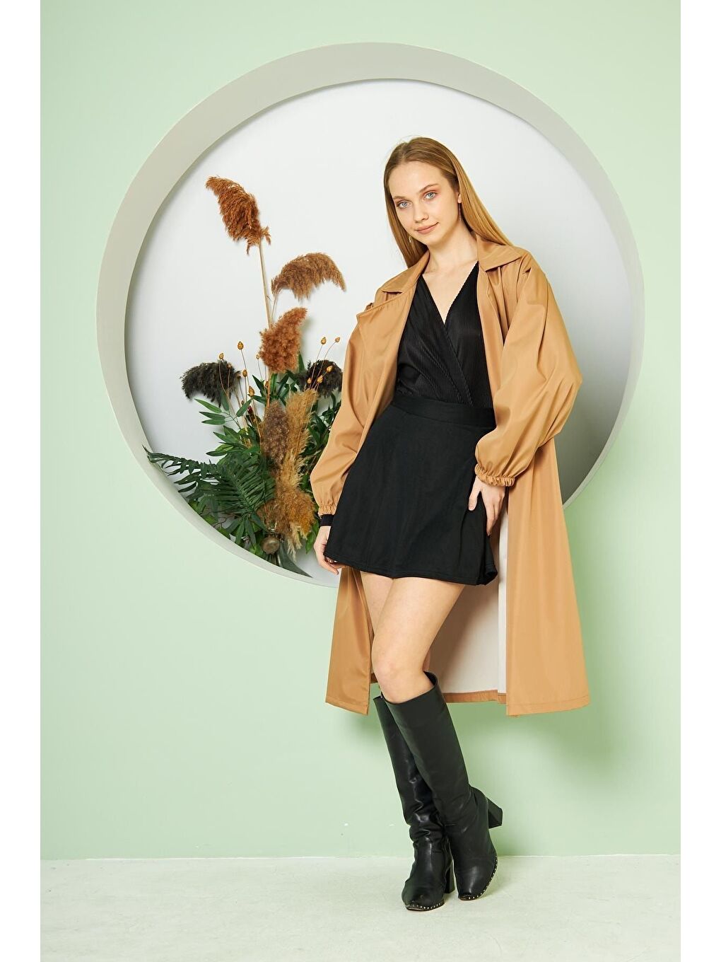 Kahverengi Kadın Belden Bağlamalı Balon Kol Trenç-4