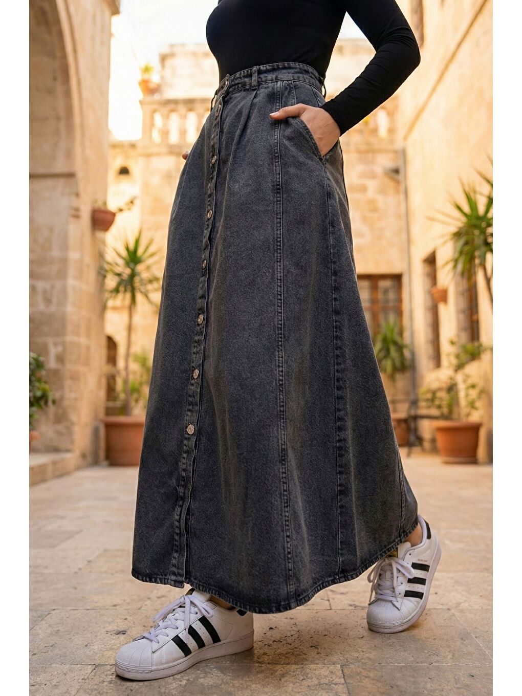 Lacivert Tesettür Boydan Düğmeli Pileli Jean Jean Etek-7