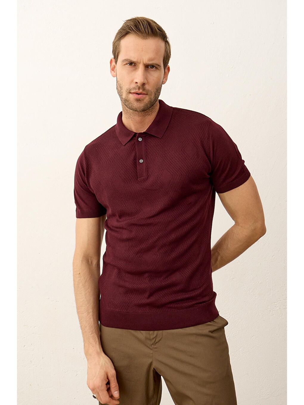 DANGER Bordo Erkek Çıtçıt Kapamalı Slim-Fit Yazlık Triko T-shirt?Bordo - 4