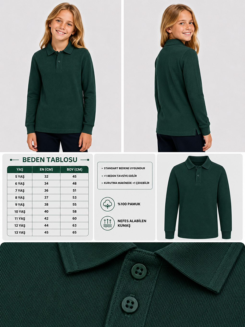 Haki Kids Polo Yaka Basic Uzun Kollu Unisex Kız Çocuk Tişört-1