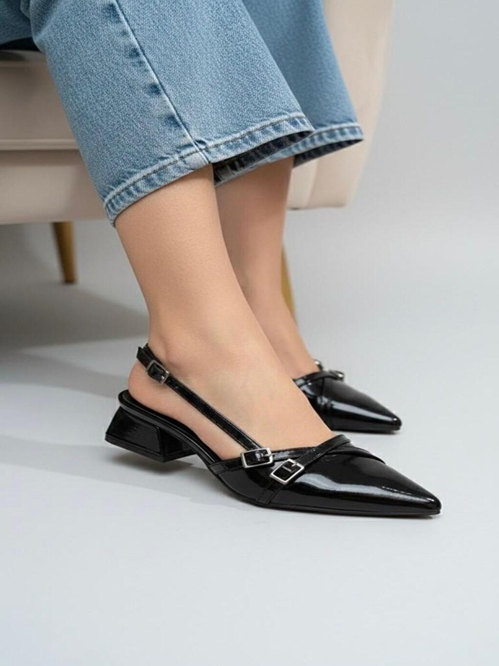 Kadın Beatris Siyah Çift Bantlı Sivri Burun Kısa Topuk Günlük Babet Klasik Ayakkabı-1