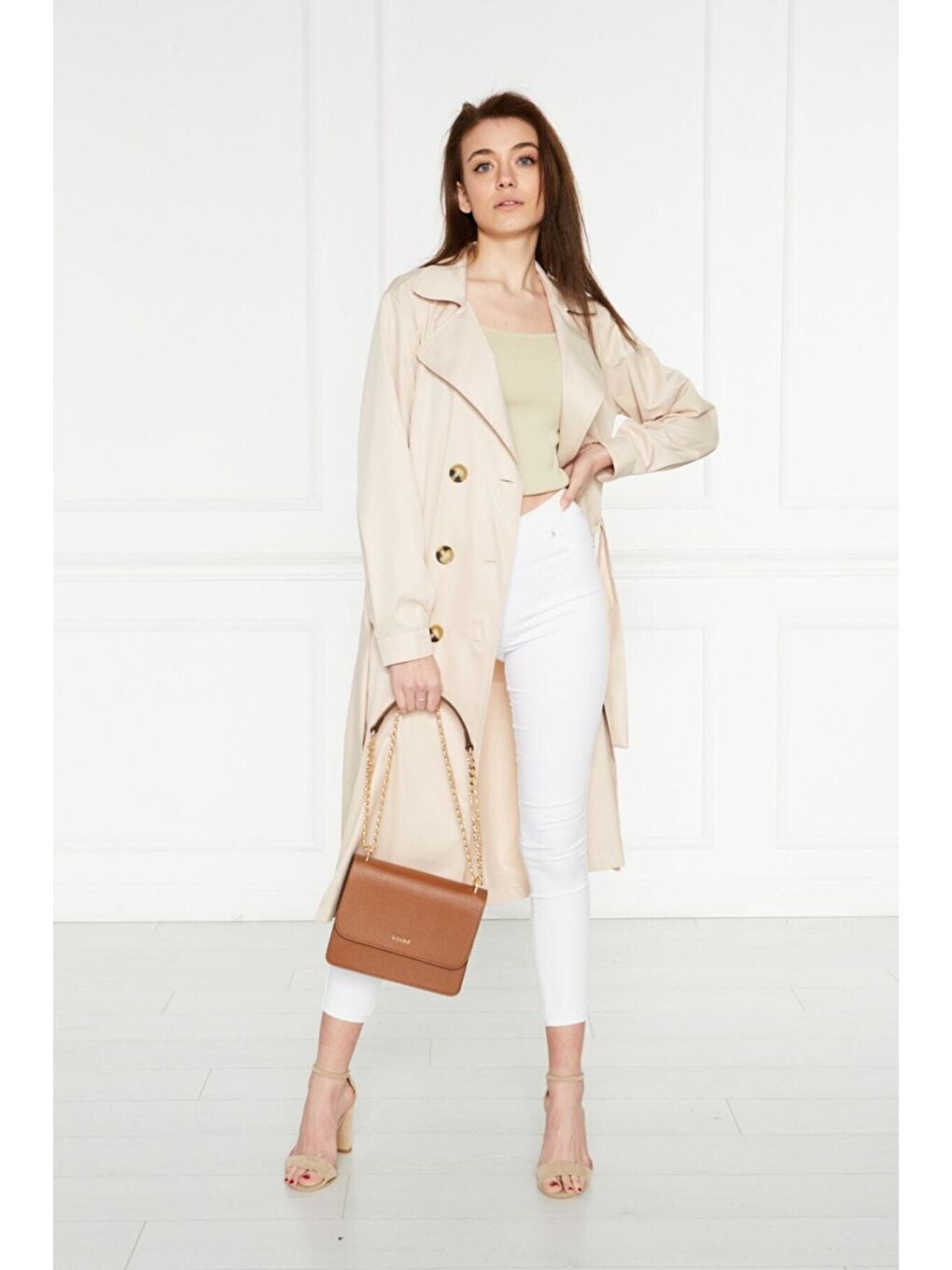 Bej Astarsız Cepli Düğmeli Kuşaklı Yazlık Trenç-1