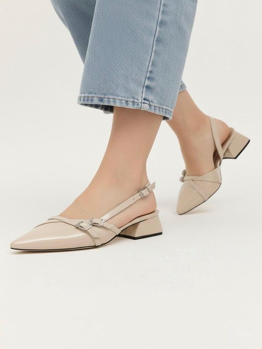 Kadın Beatris Bej Çift Bantlı Sivri Burun Kısa Topuk Günlük Babet Klasik Ayakkabı-1