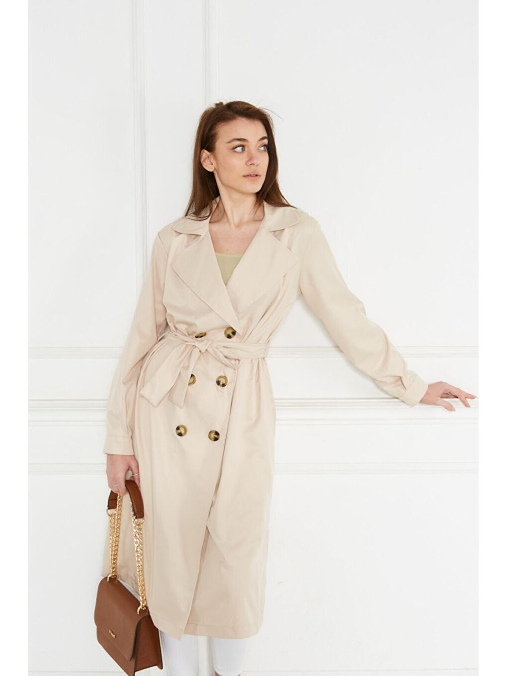 Bej Astarsız Cepli Düğmeli Kuşaklı Yazlık Trenç-2