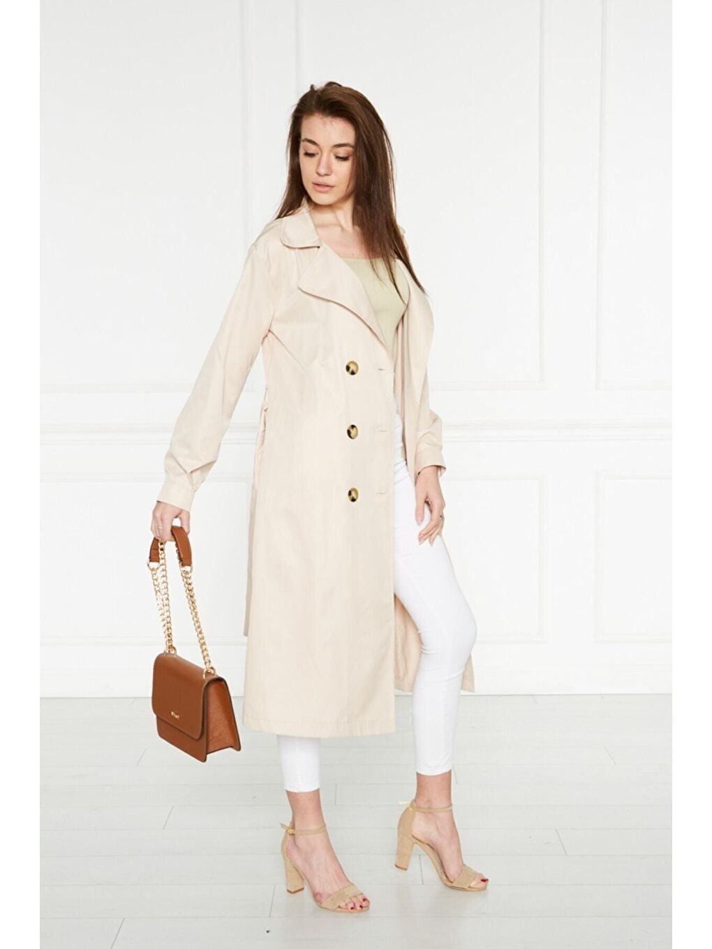 Bej Astarsız Cepli Düğmeli Kuşaklı Yazlık Trenç-3