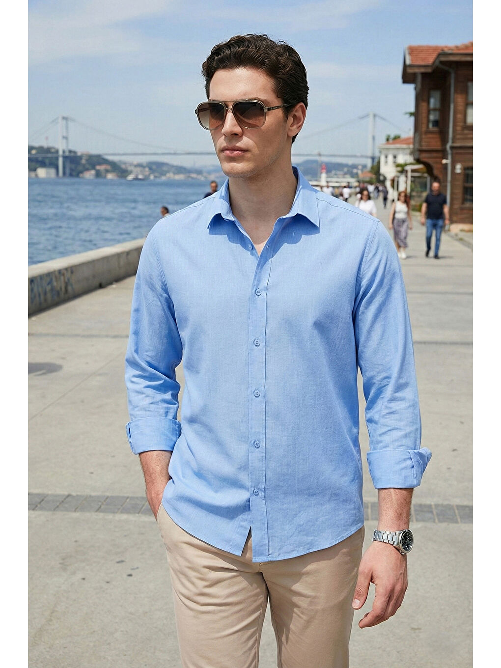 Mavi Pamuk ve Keten Karışımlı Regular Fit Klasik Yaka Uzun Kollu Gömlek CF26S1210134-1