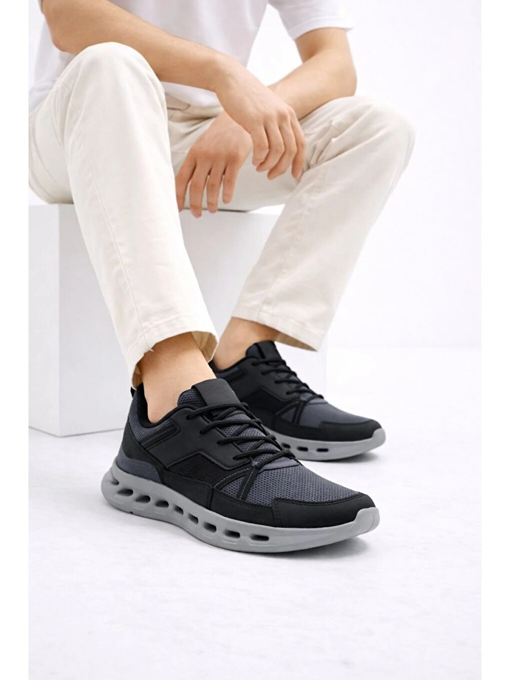 Gri Erkek Beyaz Street Style Sneaker Hafif Esnek Taban Günlük Kullanım Spor Yürüyüş Ayakkabısı-4