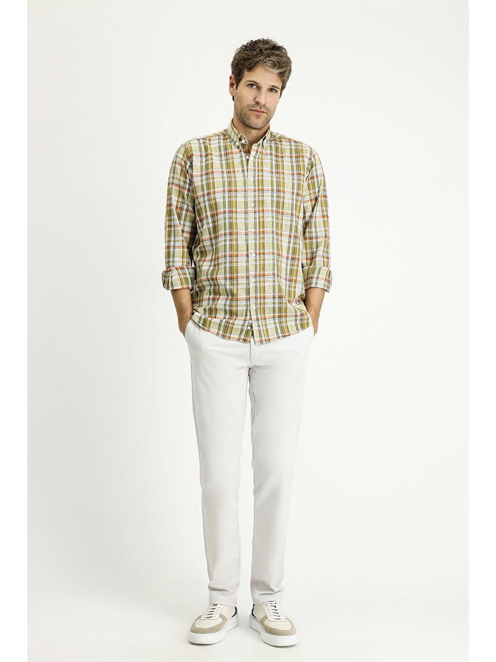 Haki Uzun Kol Regular Fit Ekose Spor Pamuk %100 Pamuk Gömlek-1